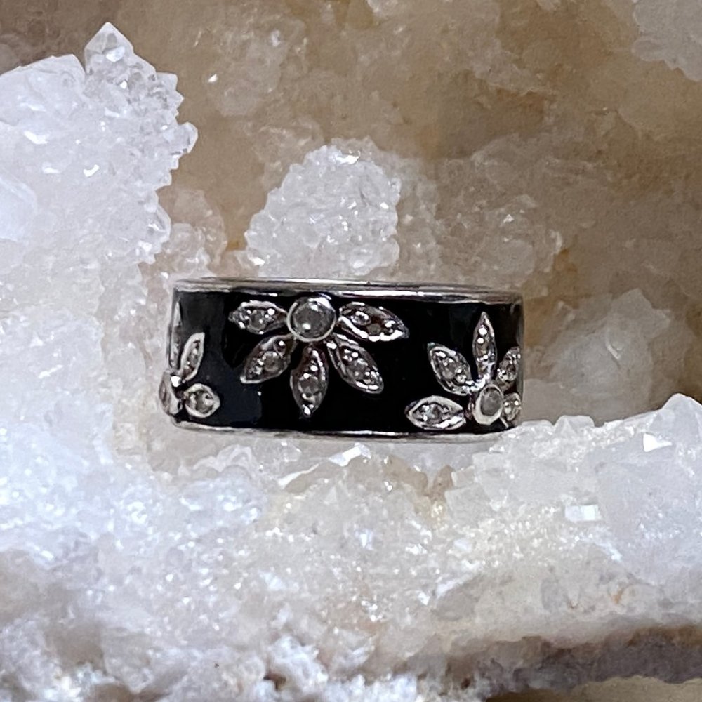 Unisex Sterling Silver Black Enamel? Ring Wedding Band Style Quartz ? Size 9
